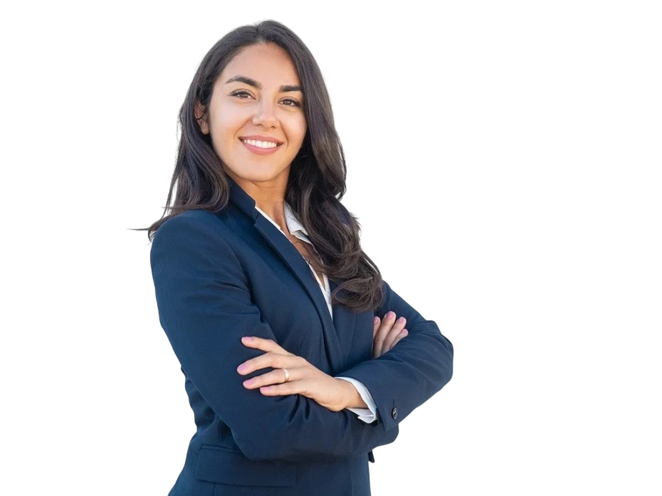Smiling professional woman in a suit, symbolizing success and opportunity.